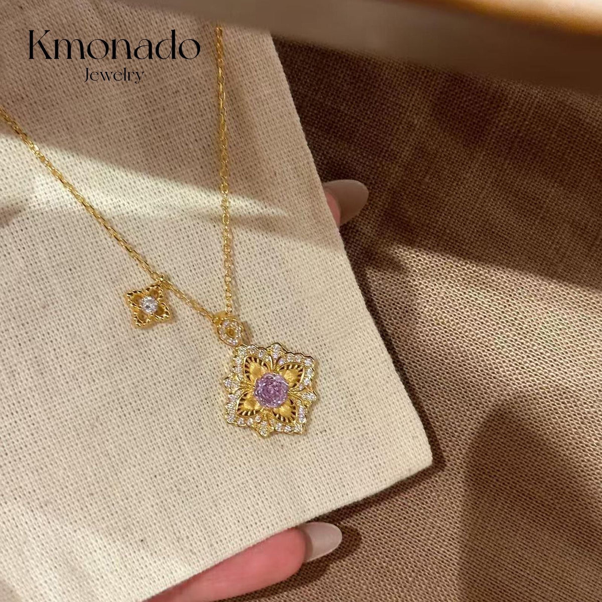 Rose Stone Four-Leaf Flower Necklace