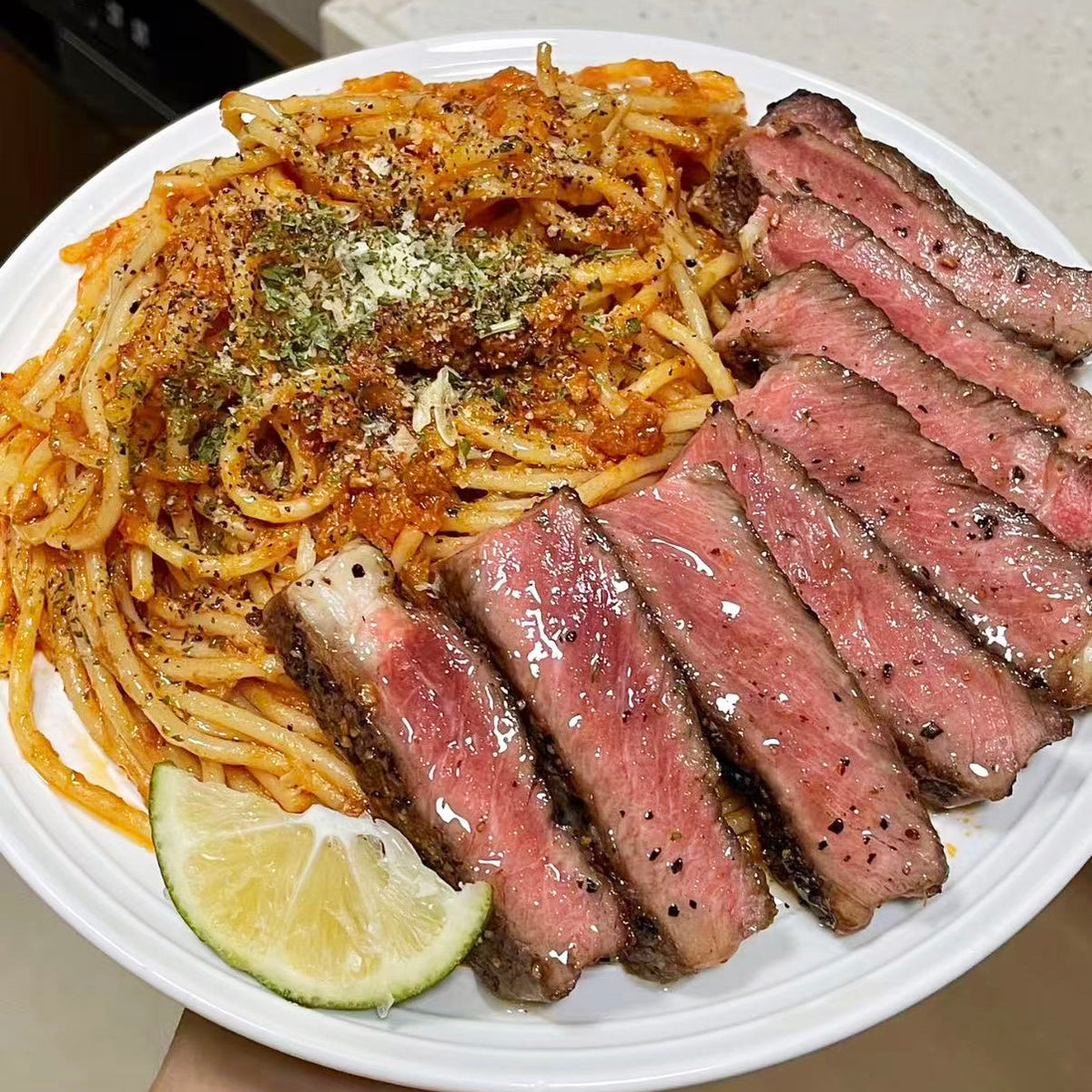 Pasta y bistec